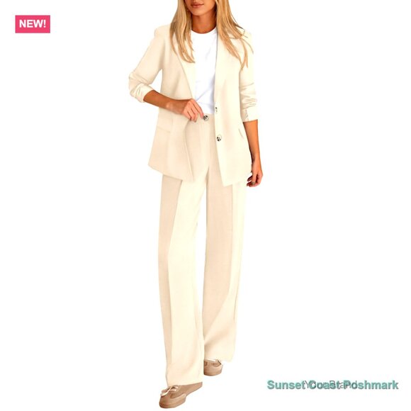 Pants - Polyester Blazer and Wide Leg Pants Suit Set for Business Casual